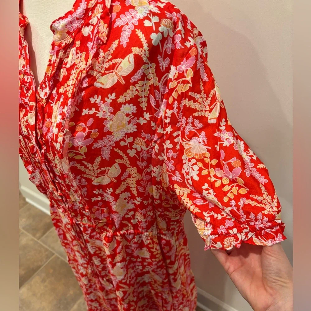 J. McLaughlin Harriet Silk Women’s Lined Floral Short Sleeve Red Dress, size XL - Picture 8 of 14